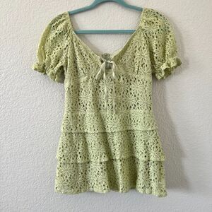 Womens Green Floral Eyelet Puff Sleeve Tiered Boho Cottage Mini Dress Xs